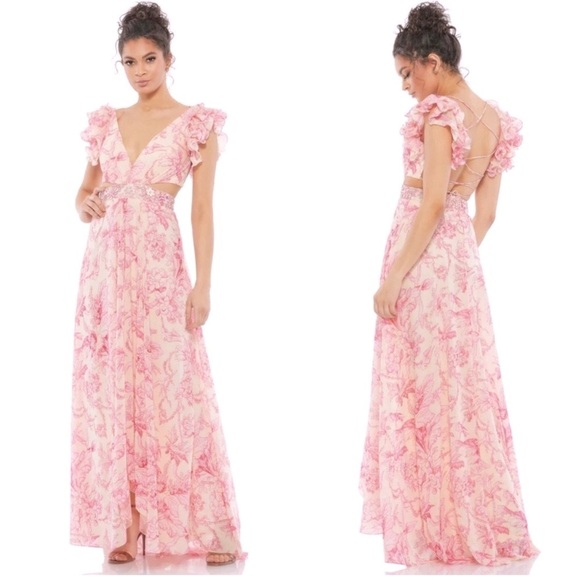 Mac Duggal Anthropologie Floral Printed Ruffle Shoulder Lace Up Gown size 2. - Picture 6 of 17